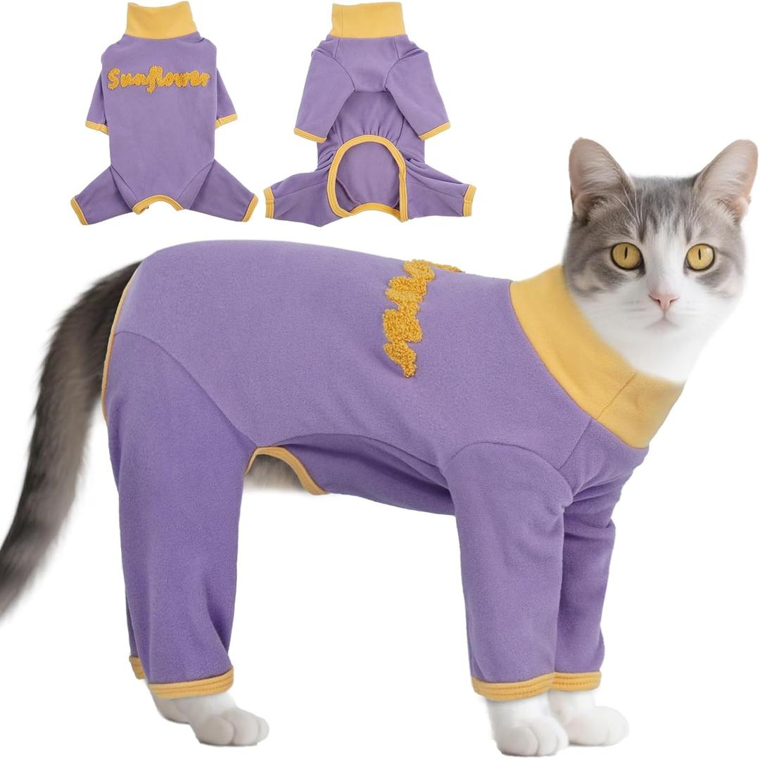 T'CHAQUE Sticky Hair Cat Onesie Pajamas, Soft Long Sleeve Cat Clothes, Anti-Shedding, Surgery Recovery Suit, Wound Protection & Preventing Licking, Kitten Sweaters for Male & Female, Purple-M