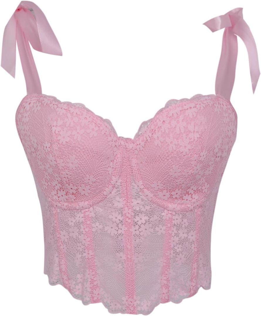 SHYMMUO Lace Corset Tops for Women Bustier Crop Top Sexy Lingerie Ribbon Straps Camisole (Pink) XL