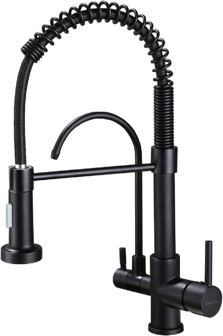 3-in-1 Reverse Osmosis Kitchen Sink Faucet with Spring Sprayer, Matte Black Dual Handle Brass Faucet, RO Water Filter Faucet with Aerated Stream & High Pressure Spray