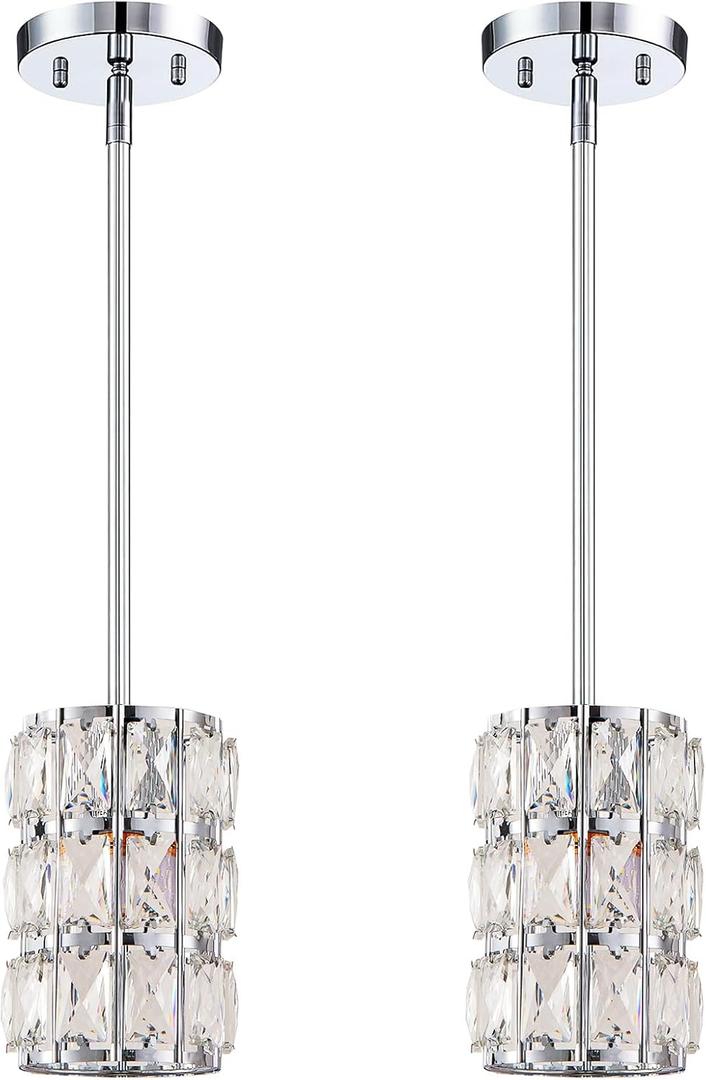 Chrome Pendant Light 2 Pack, Modern Mini Crystal Chandelier, Adjustable Rods, Hanging Ceiling Light Fixtures for Kitchen Island Dining Room Bedroom Hallway Bar Entryway