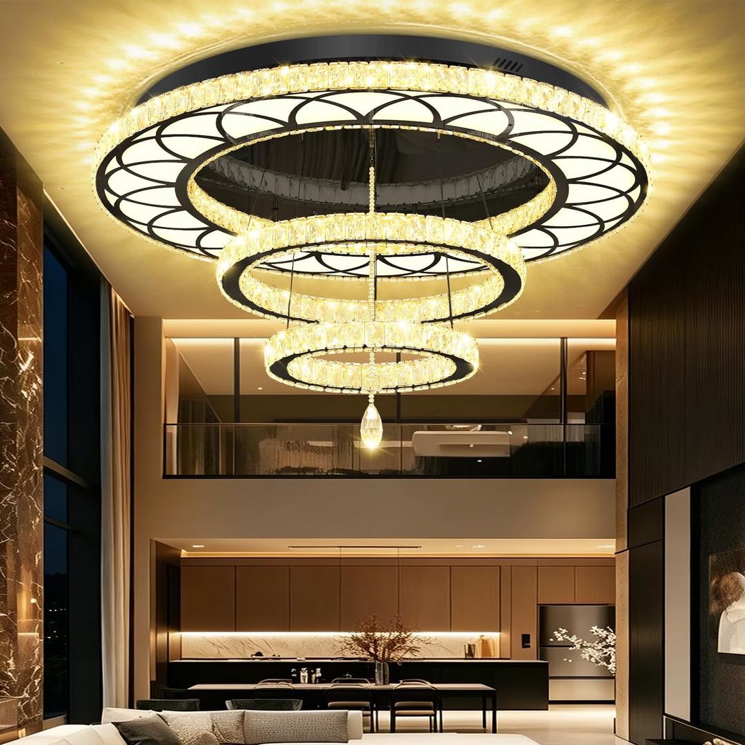 Flashing God Large 48in Crystal Ring Chandelier Modern Black Crystal Chandeliers LED Dimmable Flush Mount Chandelier Crystal Ceiling Light for Living Room Bedroom Foyer