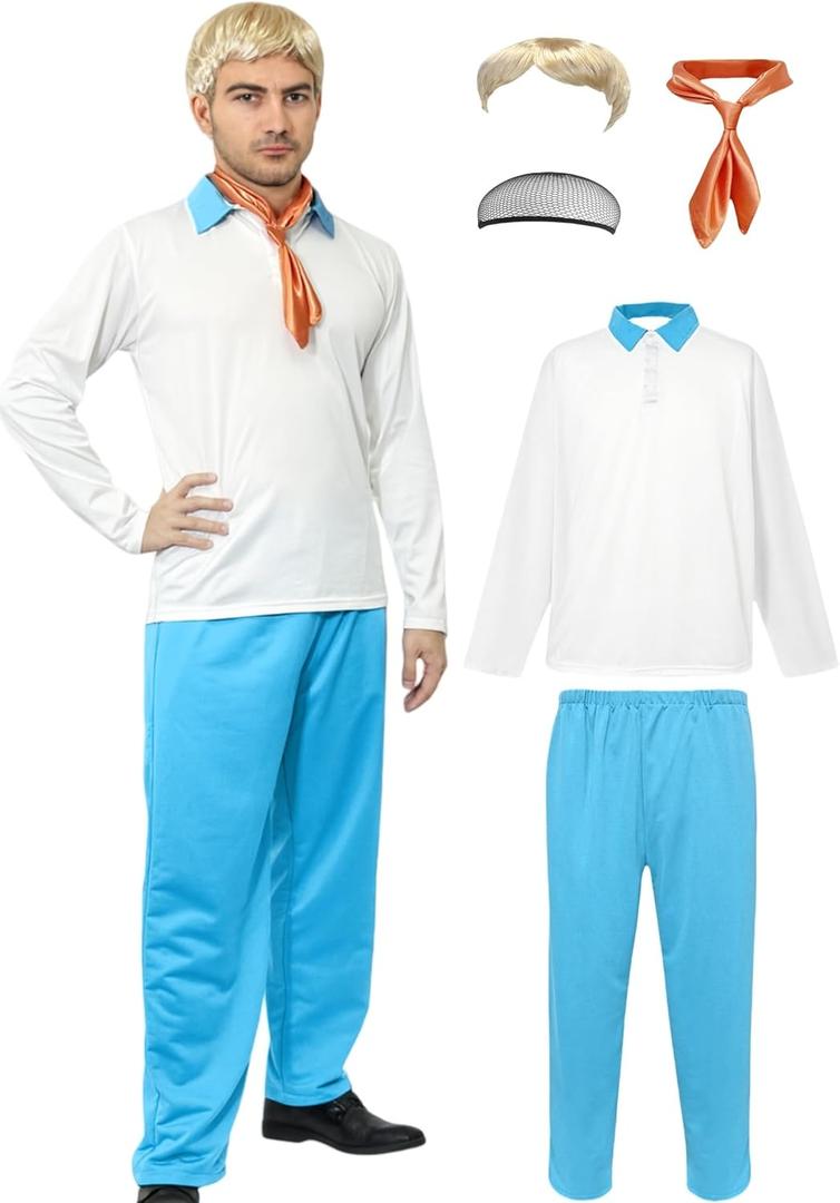 Apragaz Adult Halloween Costume for Men  White Long-Sleeve Shirt, Blue Pants, Orange Ascot Mens Blonde Wig Wig Cap (Medium)