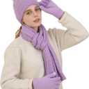 Double Couple 3pcs Winter Women scarf and hat and Touch Screen Gloves Set for Women Knit Hat with Faux Fur Ball Scarves Glove (Purple)