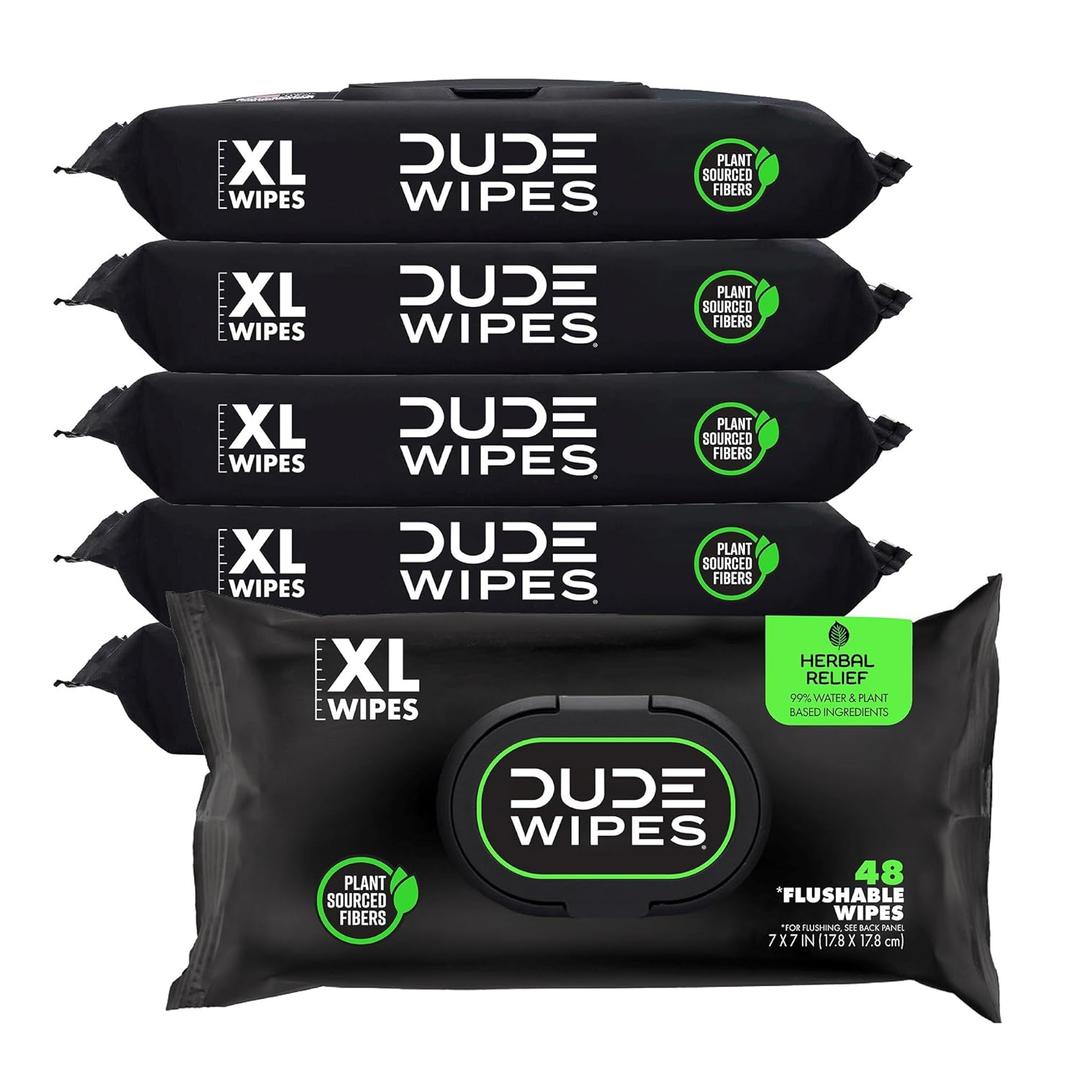 DUDE Wipes Herbal Relief Flushable Wipes - Extra-Large Adult Wet Wipes - 6 Pack (288 Count) - Infused with Soothing Witch Hazel, Geranium Essential Oils, Vitamin E, and Aloe - Septic and Sewer Safe