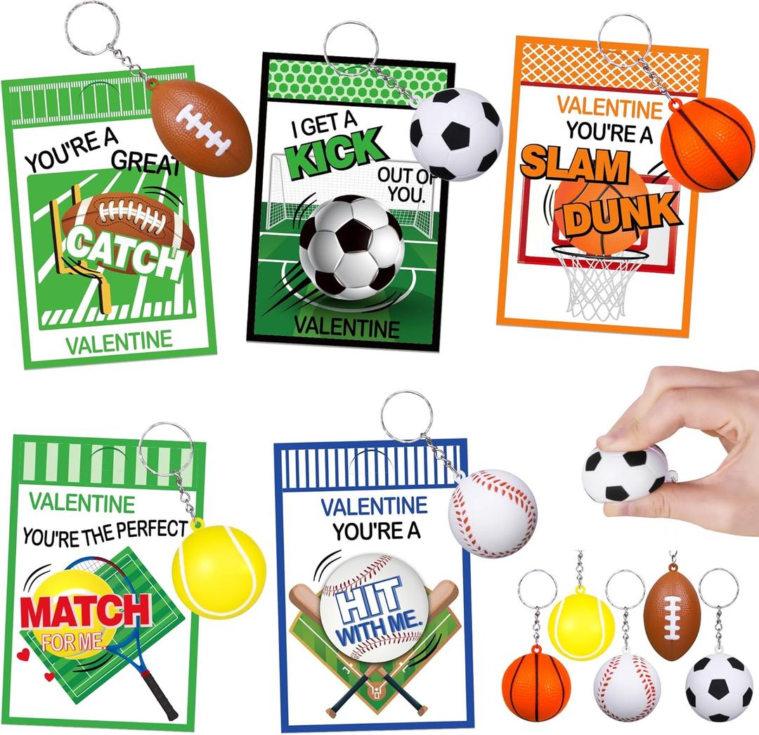 24 Pack Sports Keychain Valentines Cards for Kids School Boys Valentine Classroom Gifts Bulk Fidget Valentines Day Party Favors Stress Balls for Kids Class Gift Exchange