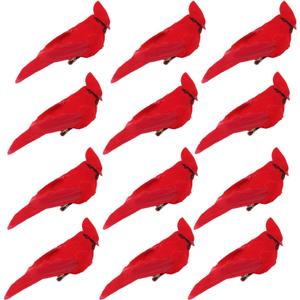 12 Pack Red Cardinals Ornaments Red Birds Cardinal Clip On Christmas Tree Ornaments Artificial Red Birds with Feathers for Christmas Decorations Wreaths Centerpieces Crafts, 2.7 inch tall by 5.1 inch length from beak to tail