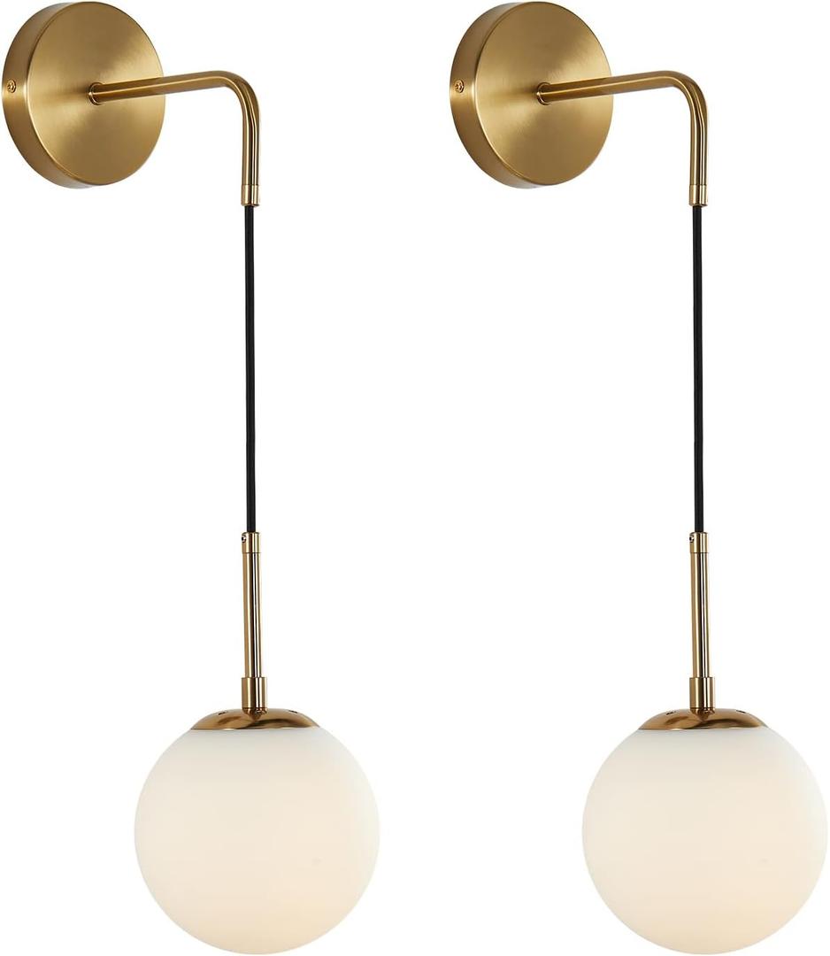 KCO Lighting Frosted White Glass Wall Sconce Set of Two Brass Gold Globe Ball Wall Light Adjustable Cord Industrial Vanity Wall Lamp for Bathroom Mirror Bedside Stairs (White)
