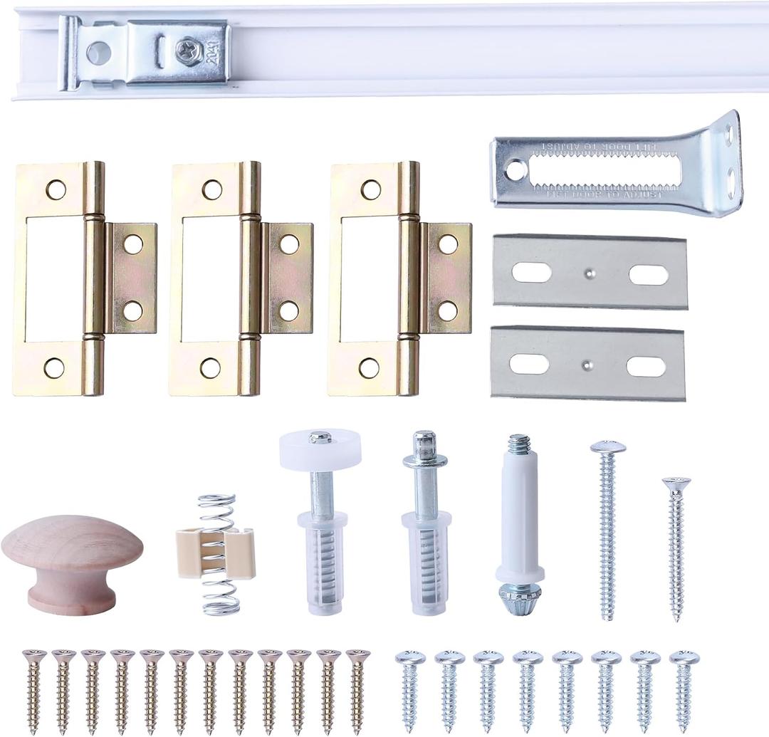 36 Inch Bi-fold Door Hardware with Track, Bifold Closet Door Hardware Repair Tool Kit, Included Steel Track, Top and Bottom Pivot, Top Guide Wheels, Spring, Metal Pivot Pin