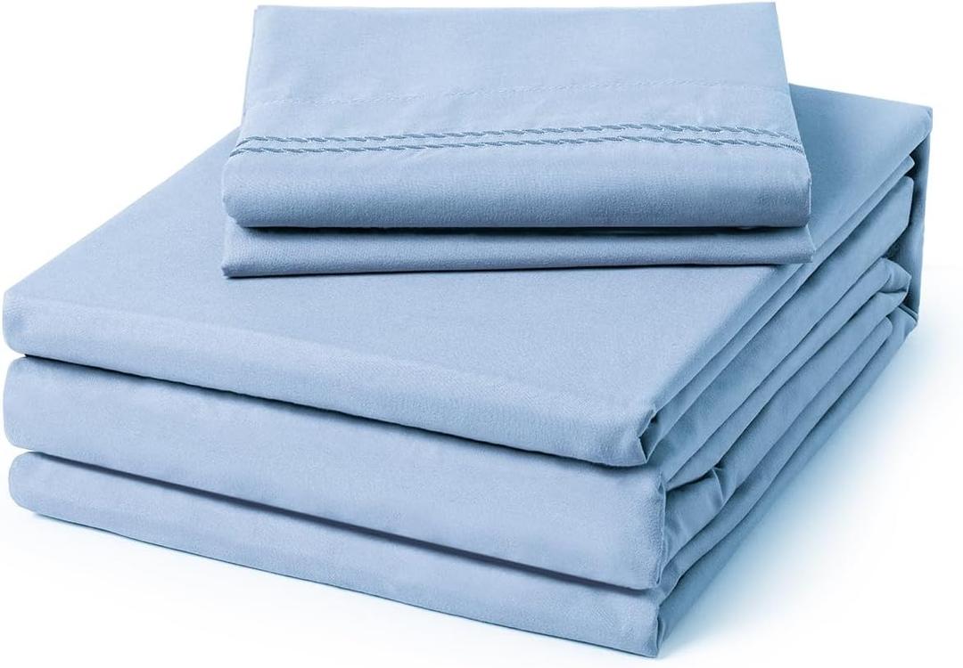ClevaHome Twin Size Sheet Set - 4 Piece Soft Breathable Luxury Bed Sheet Set - Shrinkage & Fade Resistant Embroidered Bedding Sheet with Deep Pocket, 2 Extra Pillowcases (Twin, Chambray Blue)