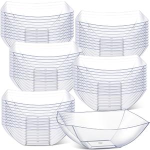 Tanlade 50 Pcs Square Plastic Serving Bowls Disposable Snack Salad Bowl Small Party Candy Bar Containers Taco Bar Serving Dishes for Buffet Chips Fruit (Clear,32 oz)