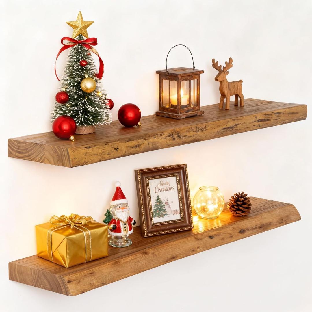 30" Floating Shelves, Live Edge Solid Elm Wood Floating Shelf, Wall Mounted Display Shelves with Heavy-Duty Bracket for Books, Rustic Wooden Shelf for Kitchen, Bathroom, Natural Color, Set of 2