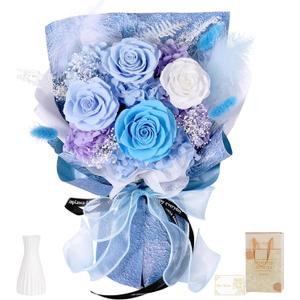 Preserved Flowers Bouquet 4 Roses - Blue Real Rose & Flowers for Delivery, Long-Lasting Flower with Gift Box, Mothers Day Gifts for Mom Grandma Wife, Anniversary Birthday Gifts for Women