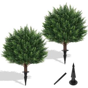 Yangrass Artificial Set of 2 Cedar Topiary Ball Trees 23" for Outdoors with Ground Spike, UV Resistant Faux Cypress Plants, Evergreen Shrubs Bushes for Front Porch Garden Backyard Decor