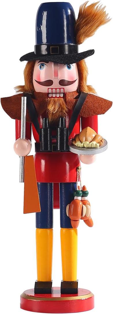 15-Inch Thanksgiving Nutcracker Figurine, Wooden Hunter with Turkey, Pumpkin Pie & Rifle, Handcrafted Festive Harvest and Christmas Decoration for Home, Tabletop or Fireplace