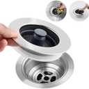 Hibbent 3 in 1 Kitchen Sink Drain Strainer, Stainless Steel Wrapped Shell Drain Stopper Combo, Pop Up Sink Stopper, Anti-Clogging Basket Strainer with Handle for US Standard 3-1/2" Drain Blue color