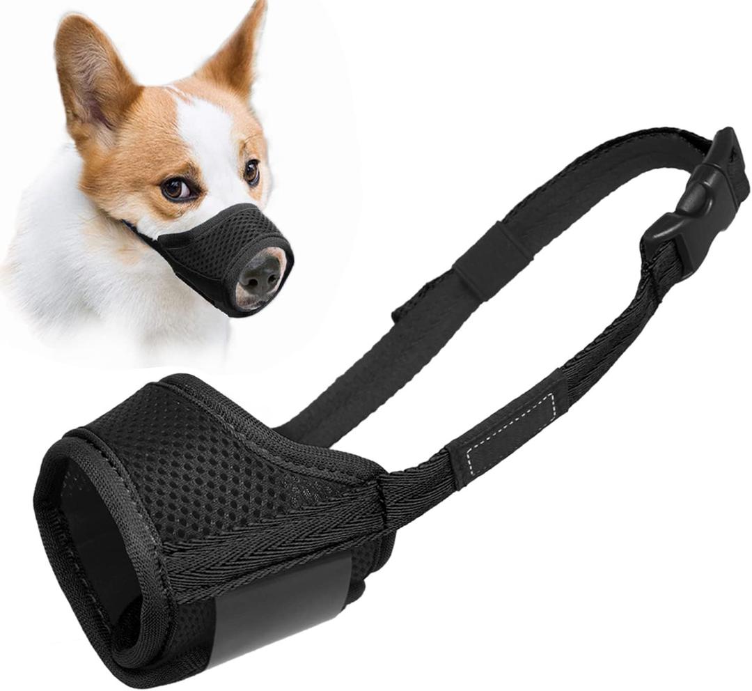 LUCKYPAW Dog Muzzle Anti Biting Barking and Chewing with Comfortable Mesh Soft Fabric and Adjustable Strap, Suitable for  Dogs(Black,M) (M-Snout(6-7"))