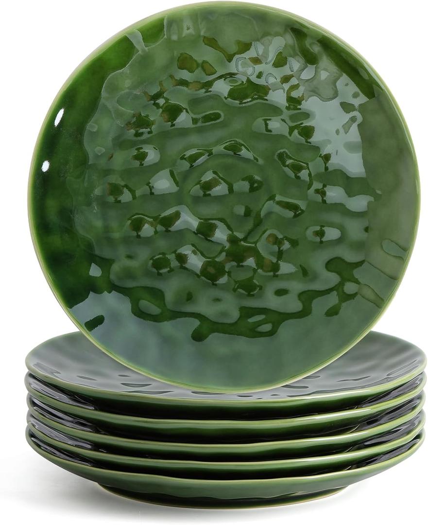vicrays Ceramic Dinner Plates Set, 10.5 Inch, Set of 6, Round, Microwave, Oven, Dishwasher Safe, Scratch Resistant, Porcelain Fluted Suitable for Steak, Pasta, Pizza, Home, Restaurant, Green