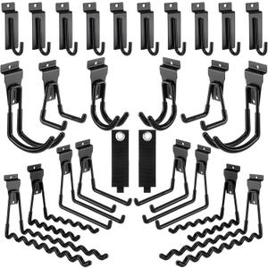 Landhoow 26 Pack Slatwall Accessories, 24 Pcs Multi Size Heavy Duty Slat Wall Hanging Hooks & Hangers with 2 Pcs Storage Straps for Storage Garage Wall Organization Garden Home Slatwall Paneling