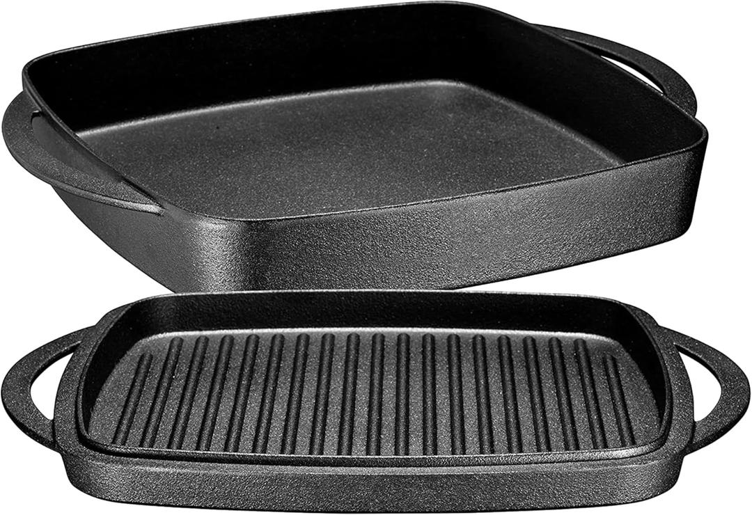 Bruntmor 2-in-1 Pre-Seasoned Cast Iron Dutch Oven with Grill Pan Lid and Handles - 11 Inch Non Stick Square Cast Iron Skillets for Braising, Grilling, and Frying - Heat-Resistant to Oven and Stovetop (Black)