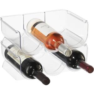 Oggi Bottle Rack for Wine, 6 Bottle Wine Storage - Stackable Wine Rack, Secure Stack Tabs. Water Bottle Storage, Wine Bottle Holder for Kitchen, Cabinet, Fridge - Each Rack Holds 3 Bottles, 2 Pack, Clear (4pc. New)