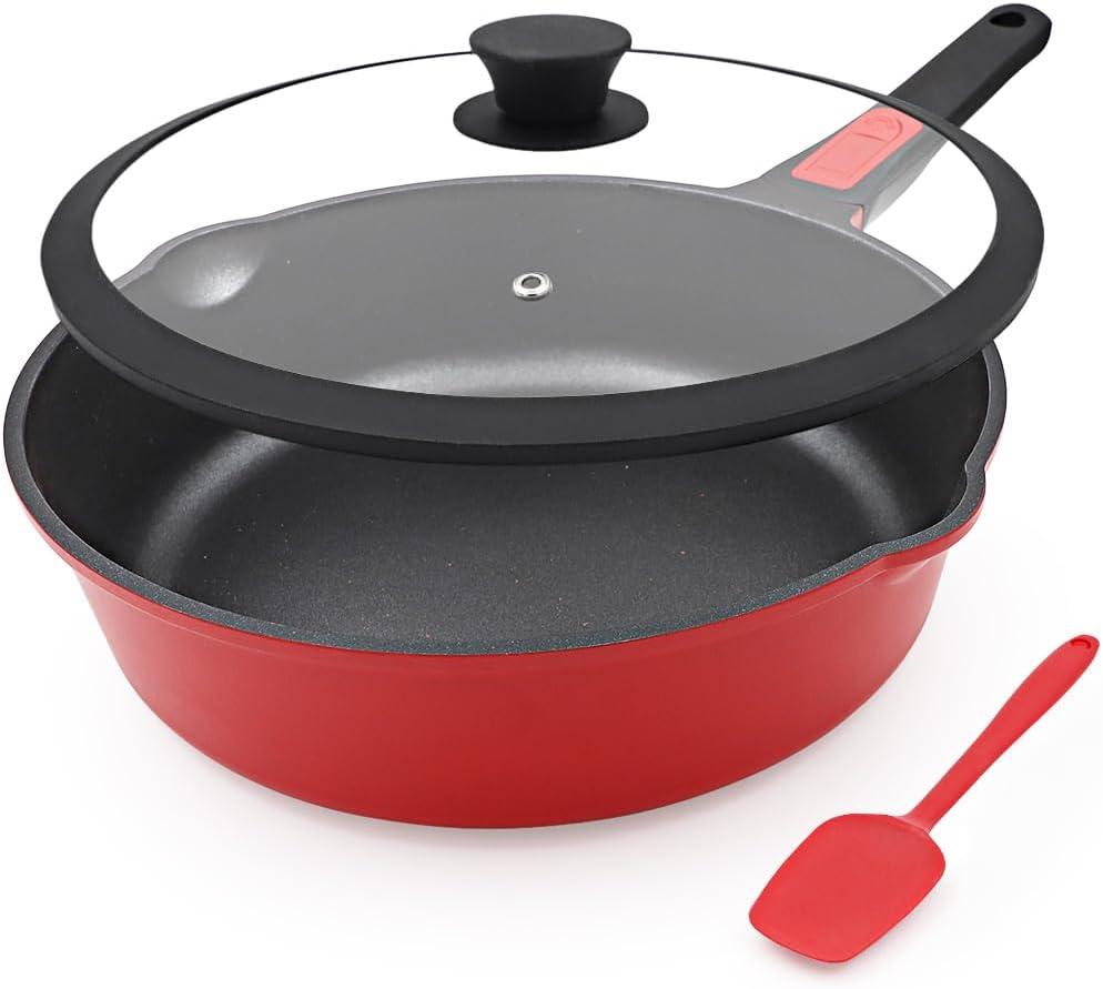 10 Inch Deep Frying Pan with Lid, Non Stick Frying Pans Saute Pan, Nonstick Skillet Cooking Pan Kitchen Pans, Compatible with All Stoves, Detachable Handle, Oven Safe, PFOA Free, Red (4 Qt)
