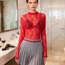 Avidlove Long Sleeve Lace Bodysuit Tops Turtle Neck Sheer Body Suits Going Out Top Fall Outfits Clubwear (Red, XL)