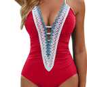 BMJL Women's Sexy One Piece Swimsuit Ruched Tummy Control Bathing Suit Plunge Color Block Swimwear (Red), XL