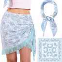 Wrap Skorts for Women, Casual Beach Mini Skirt with Silk 27" Square Scarf, Boho Beach Cover Ups for Swimwear (4-5, Blue)