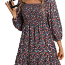 Dokotoo 2025 Women Summer Floral Print 3/4 Puff Sleeve Square Neck Dresses A-Line Casual Swing Mini Dress, L
