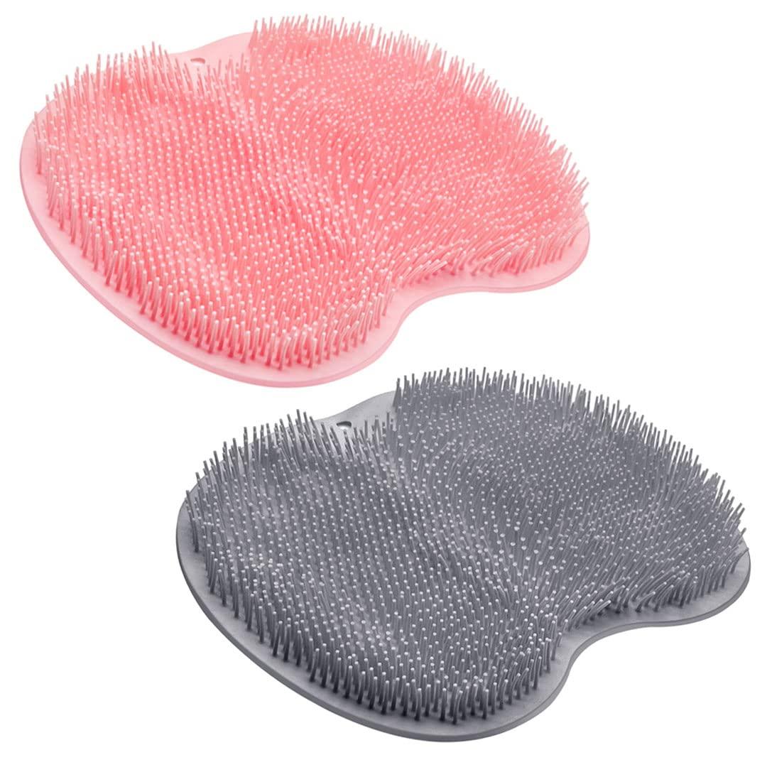 2PACK Shower Foot Scrubber Mat Back Washer Back Exfoliating Bath Wash Pad Wall Mounted Slip Suction Cups Foot Scrubber for Use in Shower Cups Foot Cleaner for Men and Women (Pink&gray)