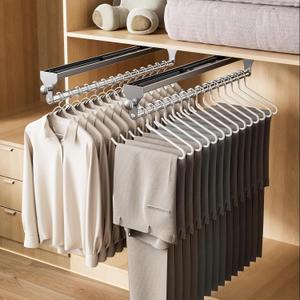 2 Pack Pull Out Closet Rod, 13.7inch Heavy Duty Pants Rack, Adjustable Clothes Hanger Rail, Space Aluminum Valet Rod, Top Mounted Wardrobe Clothes Organizer, Closet Storage for Trousers Coats Gray