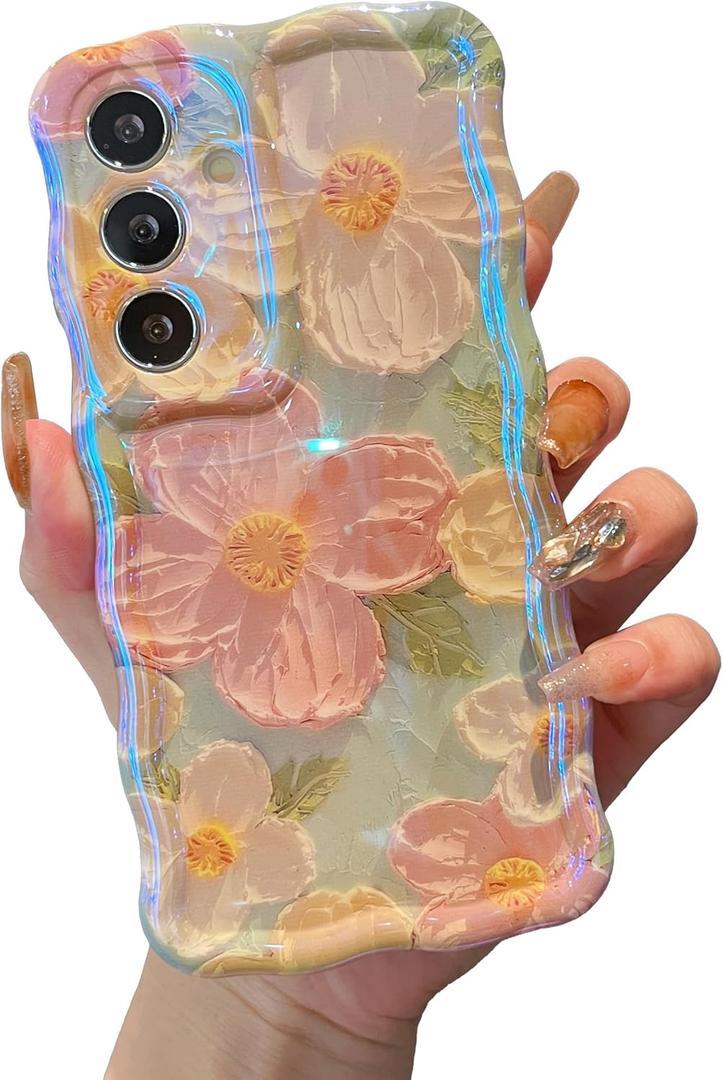 XIZYO Case for Samsung Galaxy S24 Plus, Colorful Retro Oil Painting Flower Cute Floral Aesthetic Curly Wave Frame Laser Glossy Reflective Exquisite Stylish Cover Girly Women-Green