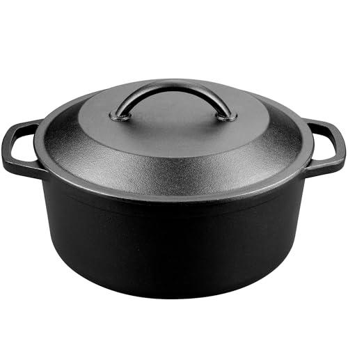 VORRINGARD Pre-Seasoned Cast Iron Dutch Oven with Lid, Round and Dual Handles, for Stovetop, Camping, Grill, Induction, Electric, Black, 3 qt