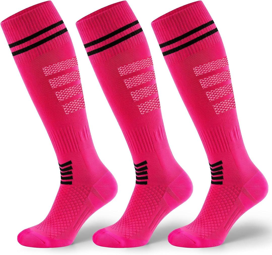 XZQTIVE 3 Pack Soccer Socks Cushion Compression Baseball Softball Socks Knee High Football Sock for Kids Youth Boys Girls, M