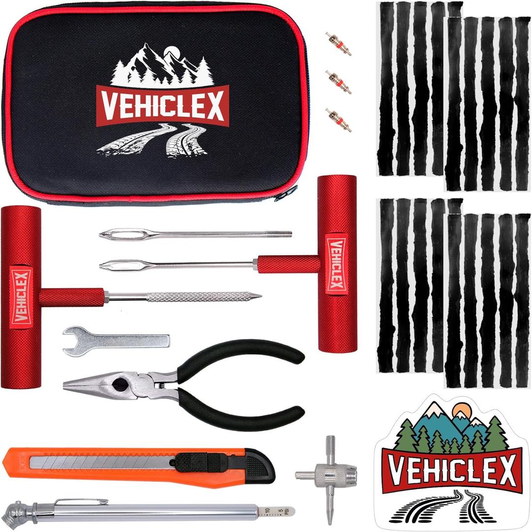 Vehiclex Tire Repair Kit for Plug and Patch with Aluminum Handled Tools - Emergency Kit with Pliers in Zippered Bag for Car, Motorcycle, ATV, Tractor, Lawn Mower (Compact+ Metal kit)