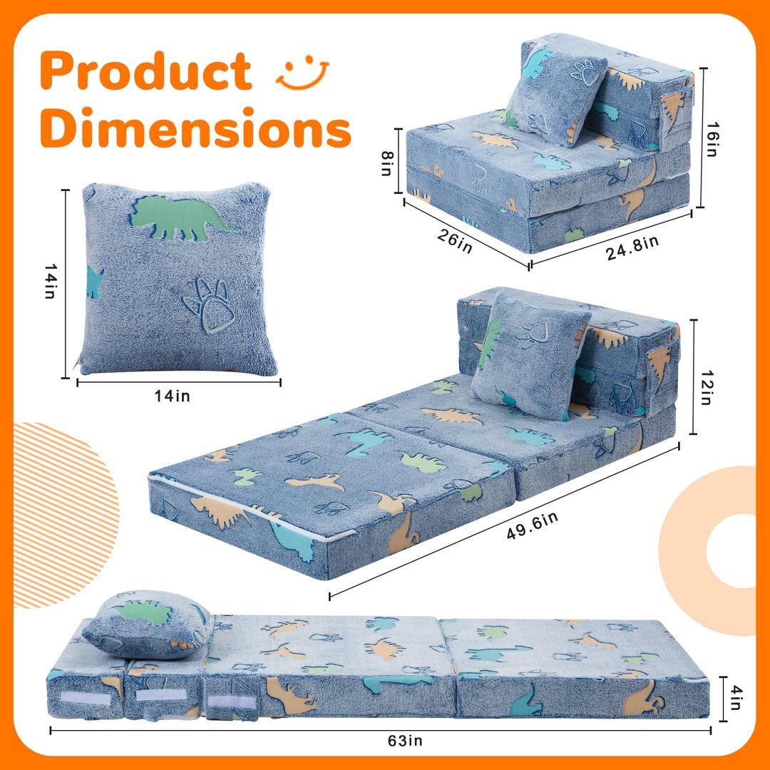 MeMoreCool Kids Floor Mattress, 8 in Glow Mini Dinosaur Trifold Sofa, Blue
Glow in the dark mini dinosaur kids couch, portable floor bed for playroom and travel