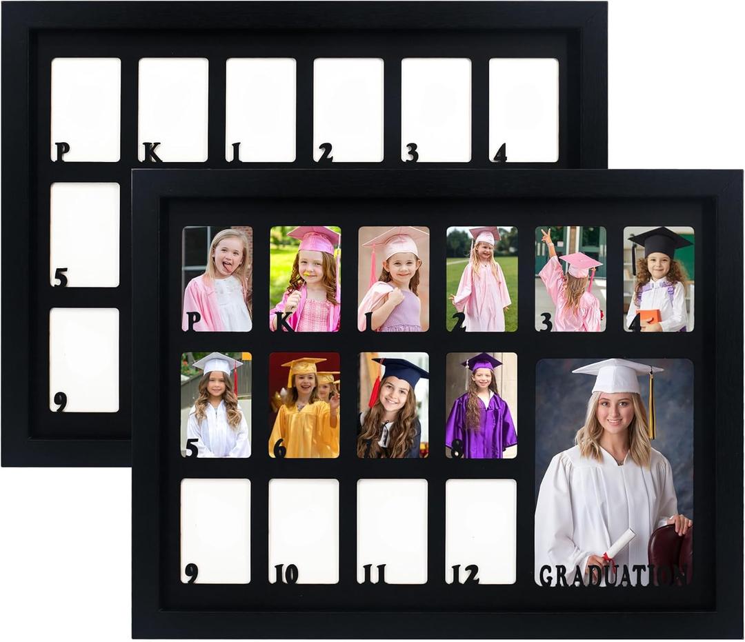 School Years Picture Frame Pre-K to 12, School Picture Frame Black Frame with Black Mat, Displays One 5x7 Photo and Fourteen 2.5x3.5 Pictures,Graduation Gift Souvenirs, 2 Pack