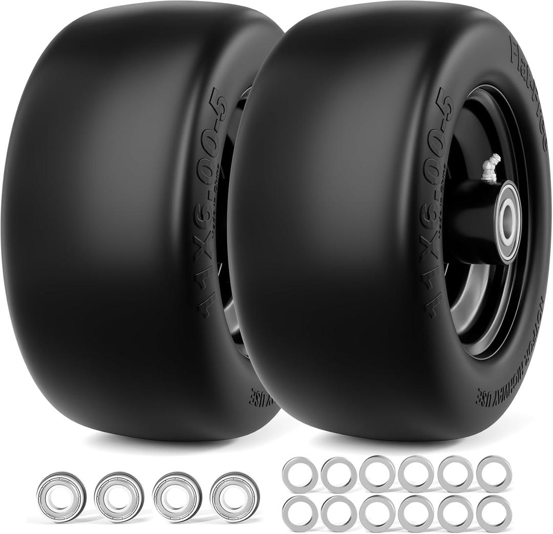 11x6.00-5 Lawn Mower Tires Flat Free, Zero Turn Mower Front Tires, 11x6-5 Solid Mower Wheel for Residential and Commercial, 3/4" and 5/8" Bearing, 6"- 8" Center Hub, 2Pack Black, 400Lbs