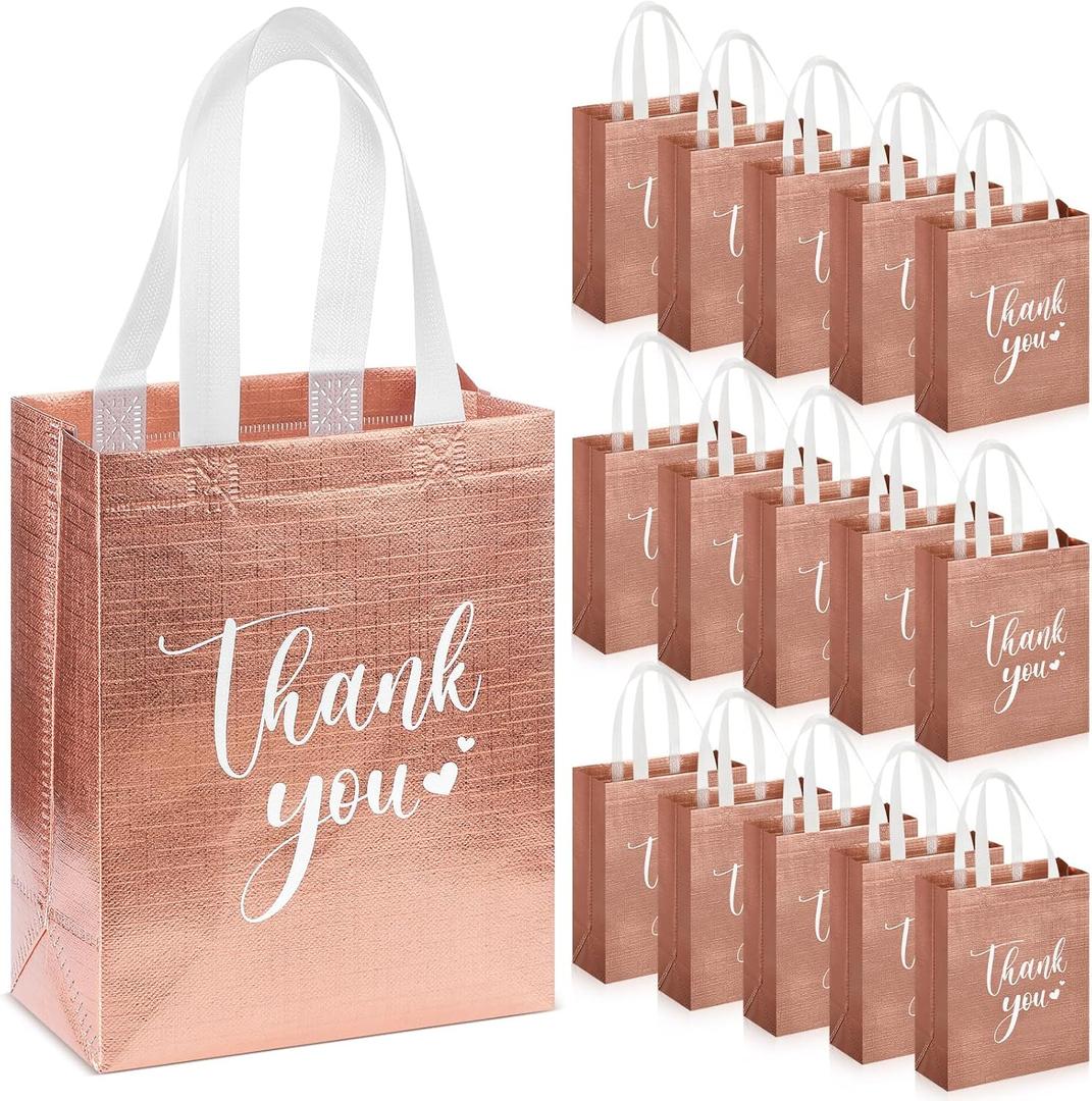 Sweetude 30 Pcs Thank You Gift Bags with Handles Bulk Reusable Goodie Bag Non Woven Foldable Handbag for Christmas Wedding Bridesmaid Gifts(10 x 8 x 4 Inch,Rose Gold)
