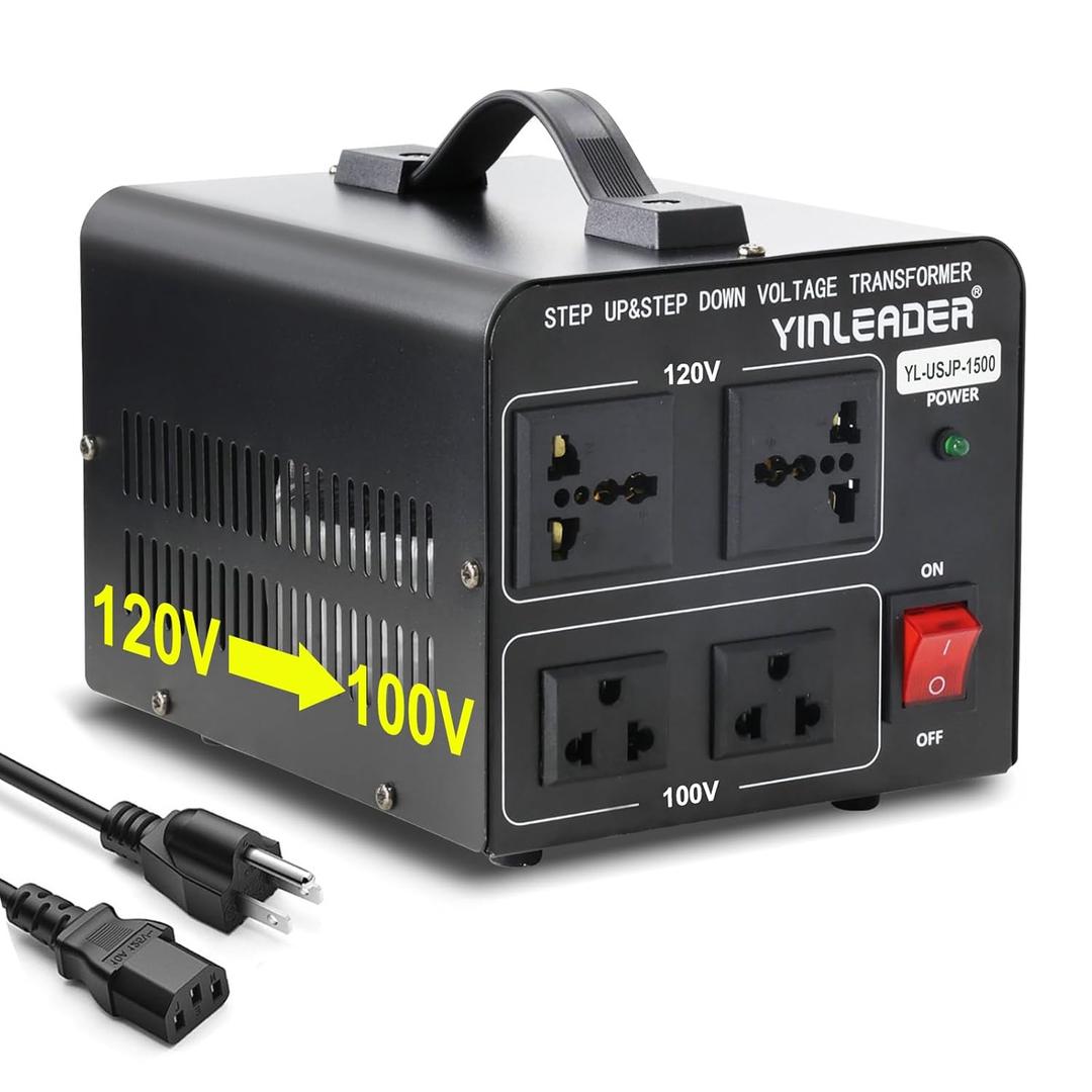 Yinleader 1500W Japanese Voltage Converter - Step Down 120V to 100V or Step Up 100V to 120V, Includes US Power Cord for Medium-Power Appliances