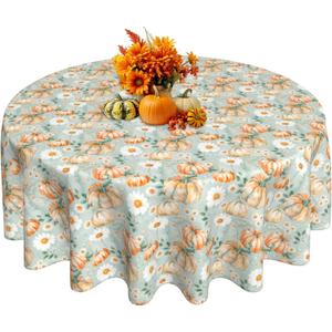 Thanksgiving Round Tablecloth 60 Inch Pumpkin Daisy Pattern Waterproof Dining Table Cover for Autumn Thanksgiving Heat Resistant Kitchen Decor Reusable Harvest Party Table Cloth