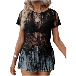 SOLY HUX Women's Sheer Fringe Tops Short Sleeve Floral Lace See Through Vintage T Shirts Vacation Outfit Size XL