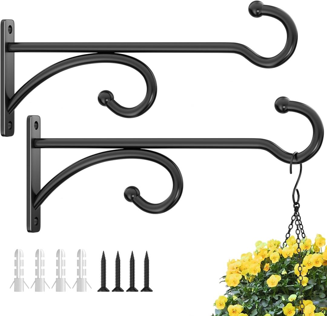 8-Inch Planter Hooks for Hanging Plants - Plant Hanger Hook Indoor Outdoor, Plant Wall Hooks, Brackets for Hanging Plants, Baskets, Wind Chime, Bird Feeder, Bird House (Black, Metal, 2 Pack)
