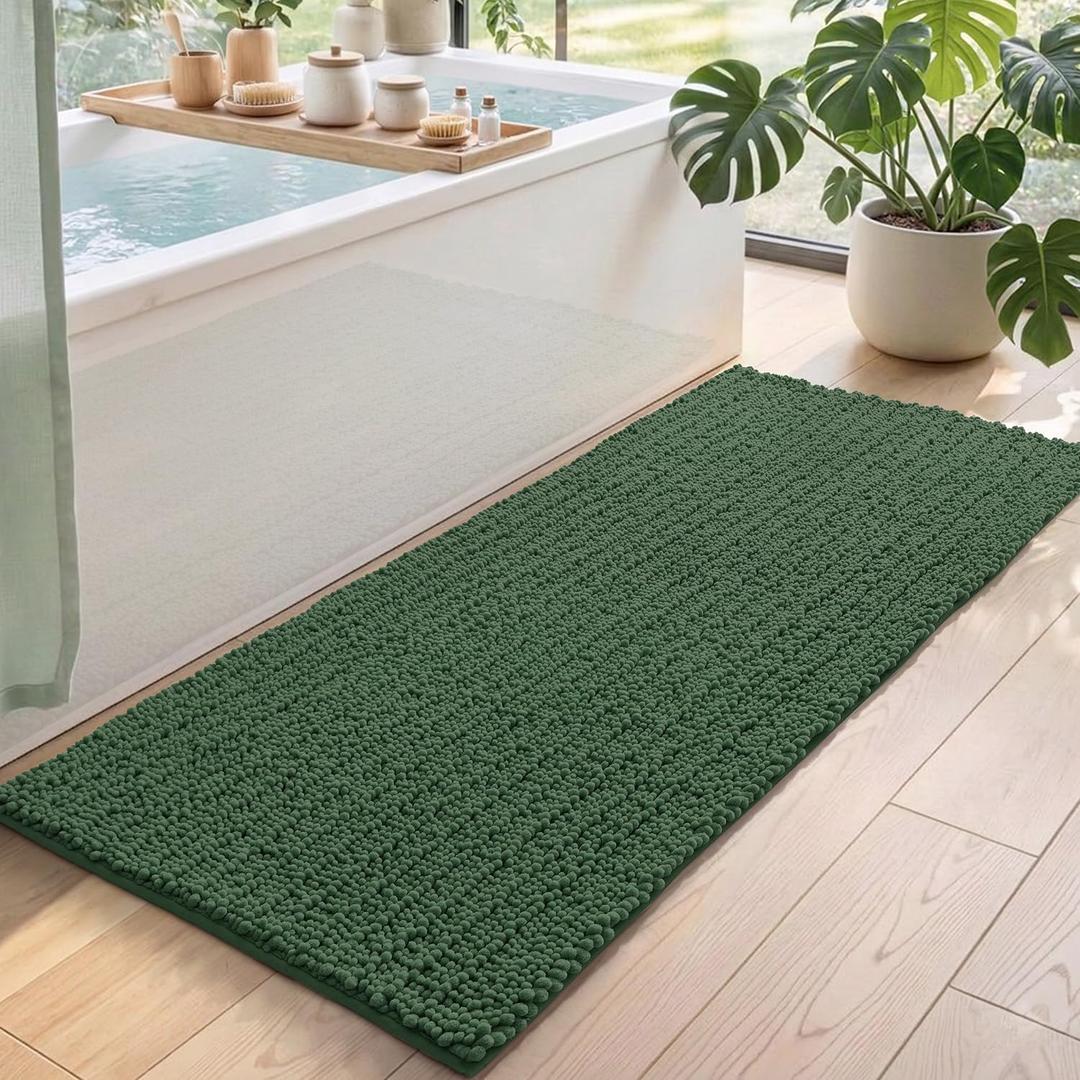 DEXI Chenille Bathroom Runner Rugs 60x24, Bath Mat Non Slip Washable, Green