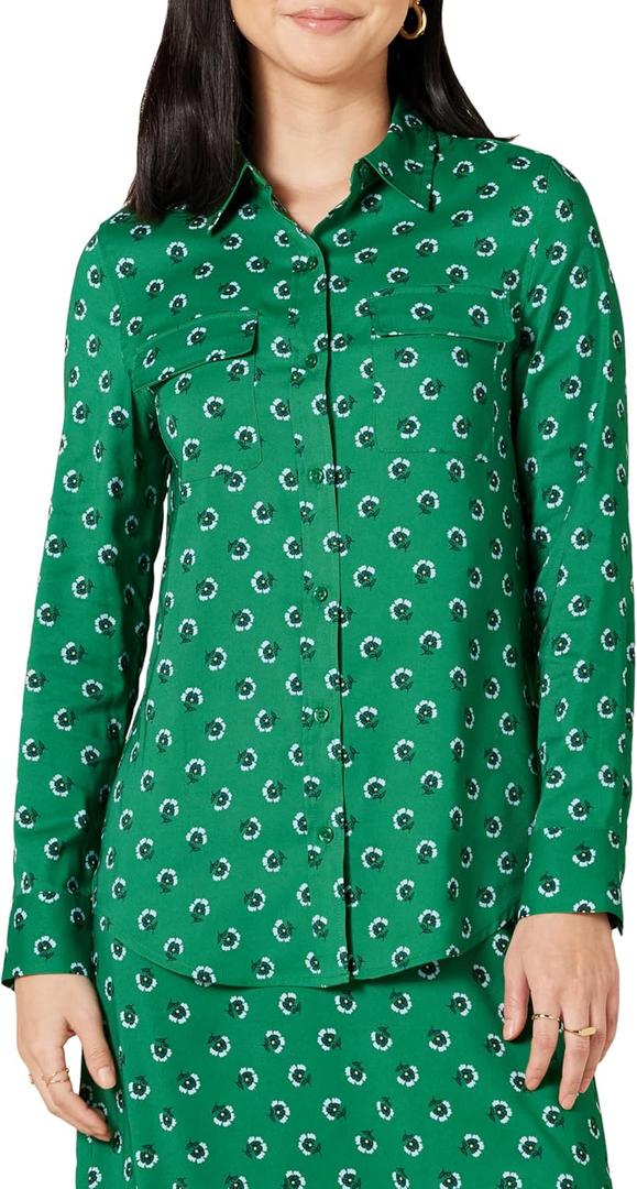 Amazon Essentials Women's Georgette Long Sleeve Relaxed-Fit Pockets Shirt (Green White Floral)