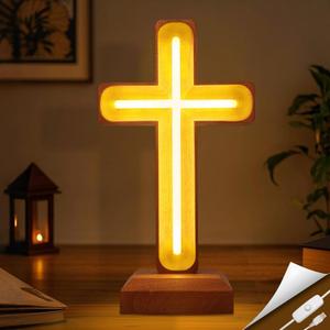 Handcrafted Wooden Cross Lamp for Spiritual Home Decor and Gifting, Cross Neon Sign with USB-Powered Warm Light for Bedside, Prayer Spaces, Christmas, Weddings, Baptism, Memorials