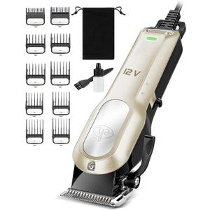 Dog Clippers for Grooming with 12V High Power Plug-in for Thick Heavy Coats Quiet, Pet Electric Professional Hair Grooming Clippers kit with 10 Metal Guard Combs Brush for Dogs Cats Pets (Gold)