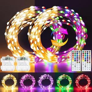 2 Pack Fairy Lights Battery Operated, 66Ft 200 LED RGB Color Changing & 2700K Warm White Twinkle Lights with 150 Scence Modes Silver Wire Mini Light for Bedroom Garden Wedding Decor