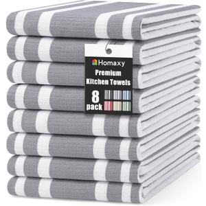 Homaxy Premium Kitchen Towels 18x 28, Large Cotton 380 GSM Kitchen Hand Towels, Stripe and Terry Dish Towel, Highly Absorbent Tea Towel Set with Hanging Loop, 8 Pack, Grey