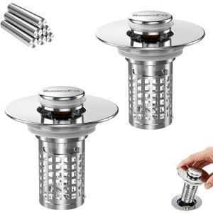 Bathroom Sink Stopper, Stainless Steel Pop-up Sink Stopper Hair Catcher with Removable Basket (2PCS)